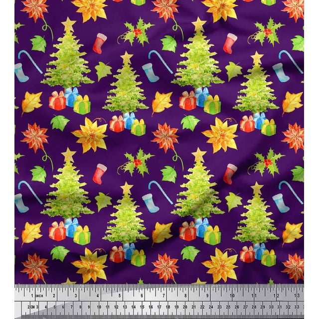 Soimoi Purple Silk Fabric Gifts & Christmas Tree Decor Fabric Printed Yard 42 Inch Wide