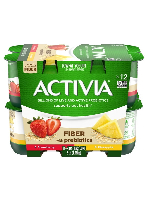 Activia Fiber Strawberry and Pineapple Probiotic Yogurt, Probiotic Lowfat Yogurt Cups, Variety Pack, 4 oz, 12 Count