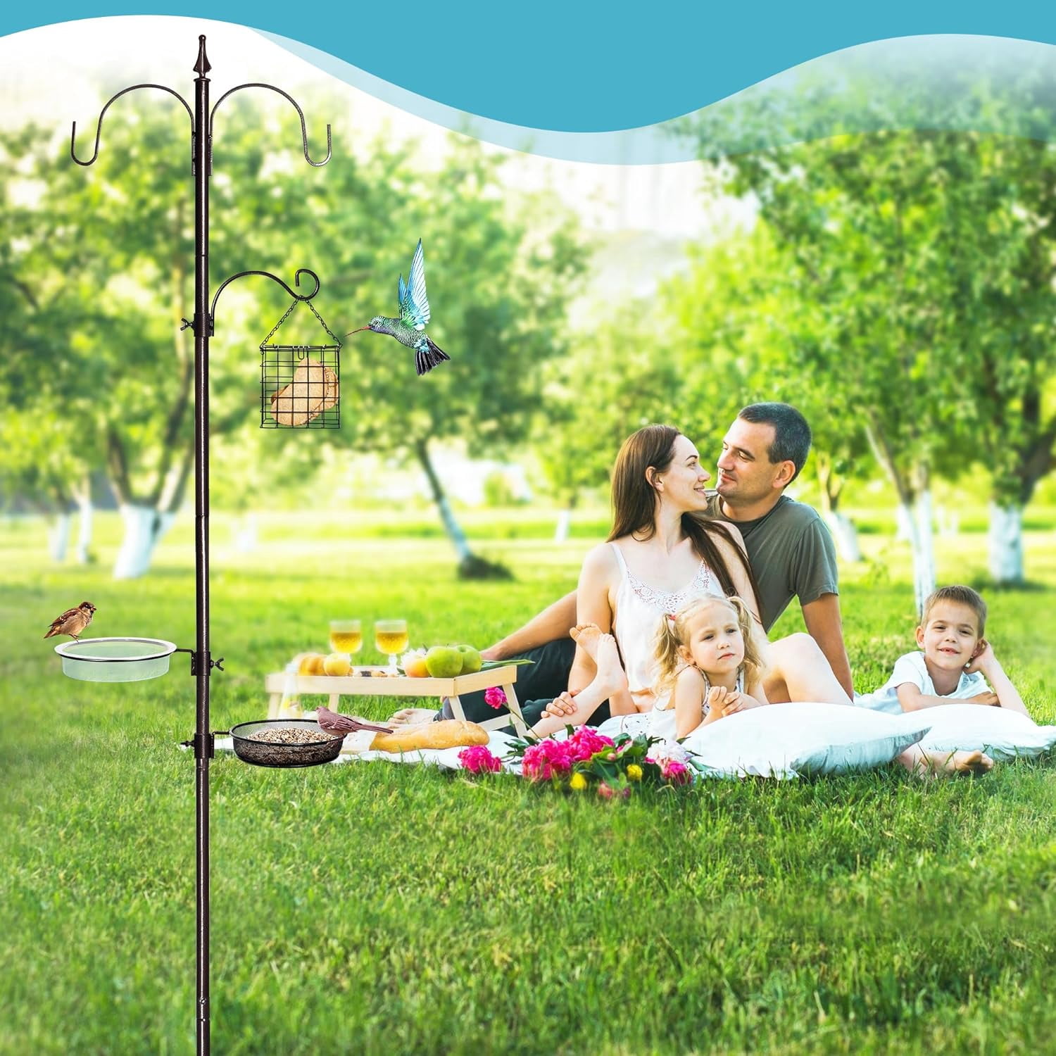 6-Hook Bird Feeding Station Kit Wild Bird Feeder Stand Pole, Multi-Feeder Hanging Kit Stand with Water Bowl