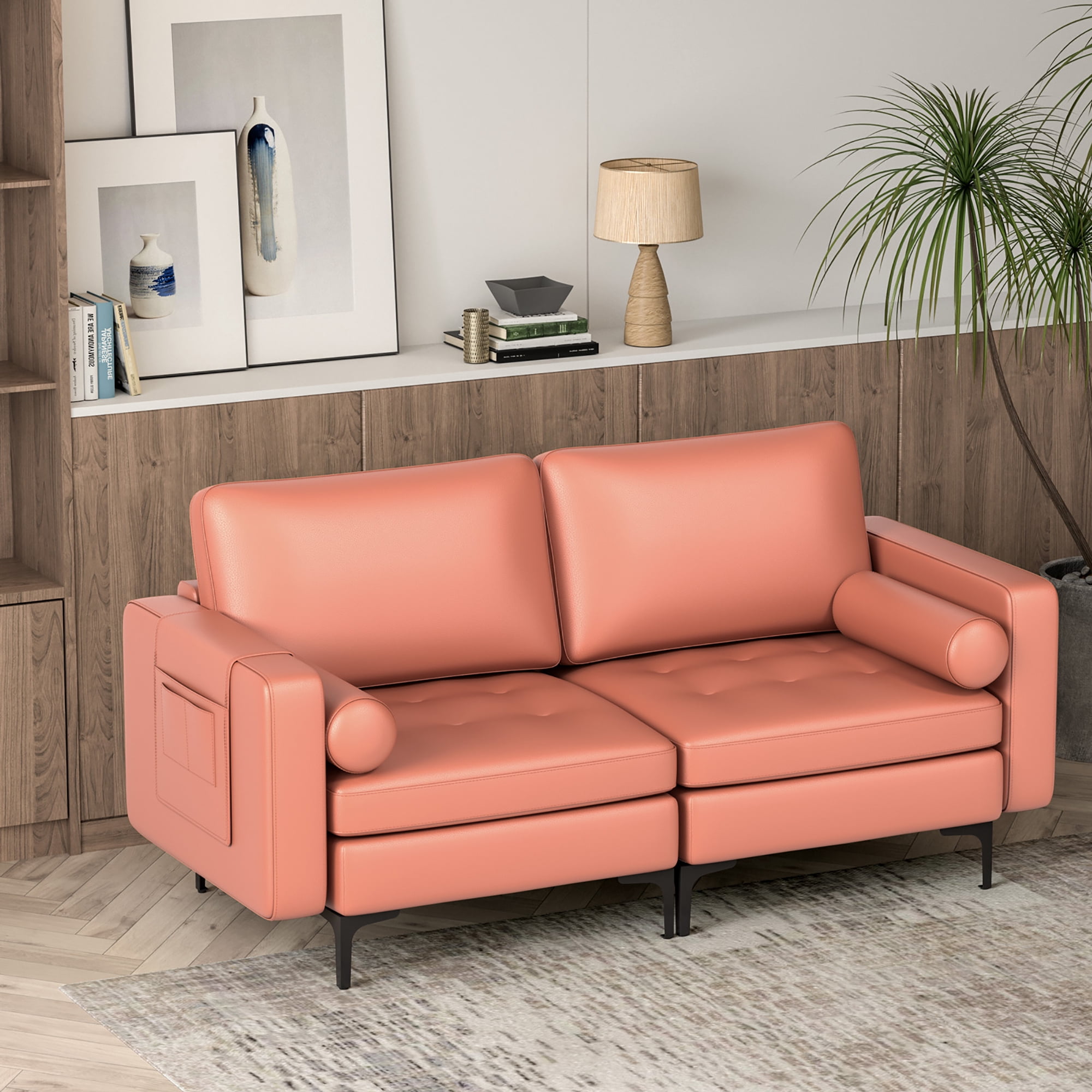 Costway Modern Loveseat 2-Seat Sofa Couch w/ 2 Bolsters Side Storage Pocket Coral Pink