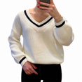 thumbnail image 3 of Women V Neck Sweaters Long Sleeve Light-Weight Knit Pullover Tops White XXXL, 3 of 8
