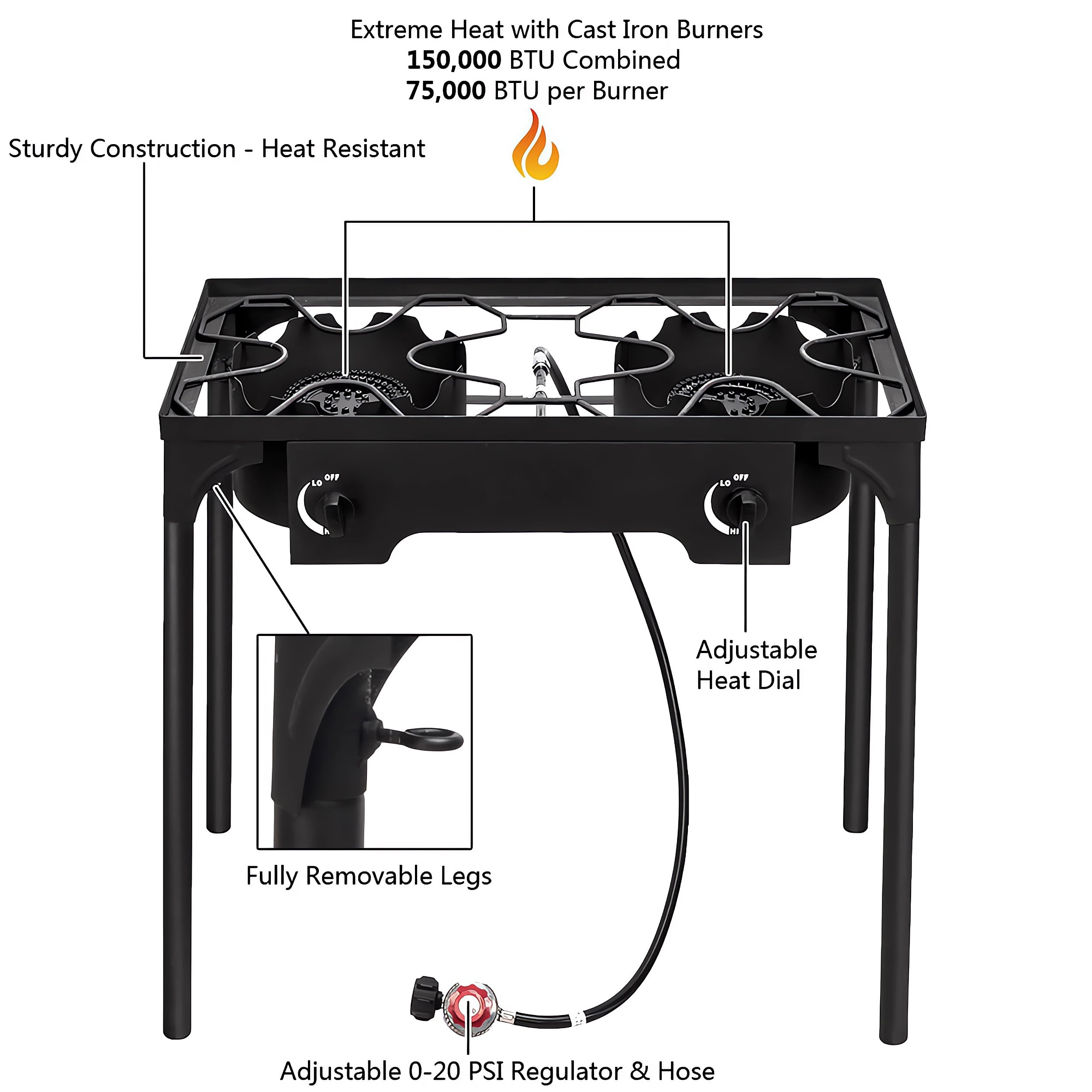 150,000 BTU Double Burner Propane Stove, Heavy-Duty Outdoor Portable Camp Stove with 4ft Steel Braided Hose and Removable Legs for Camping, Hunting, Backyard Bbq Cookouts