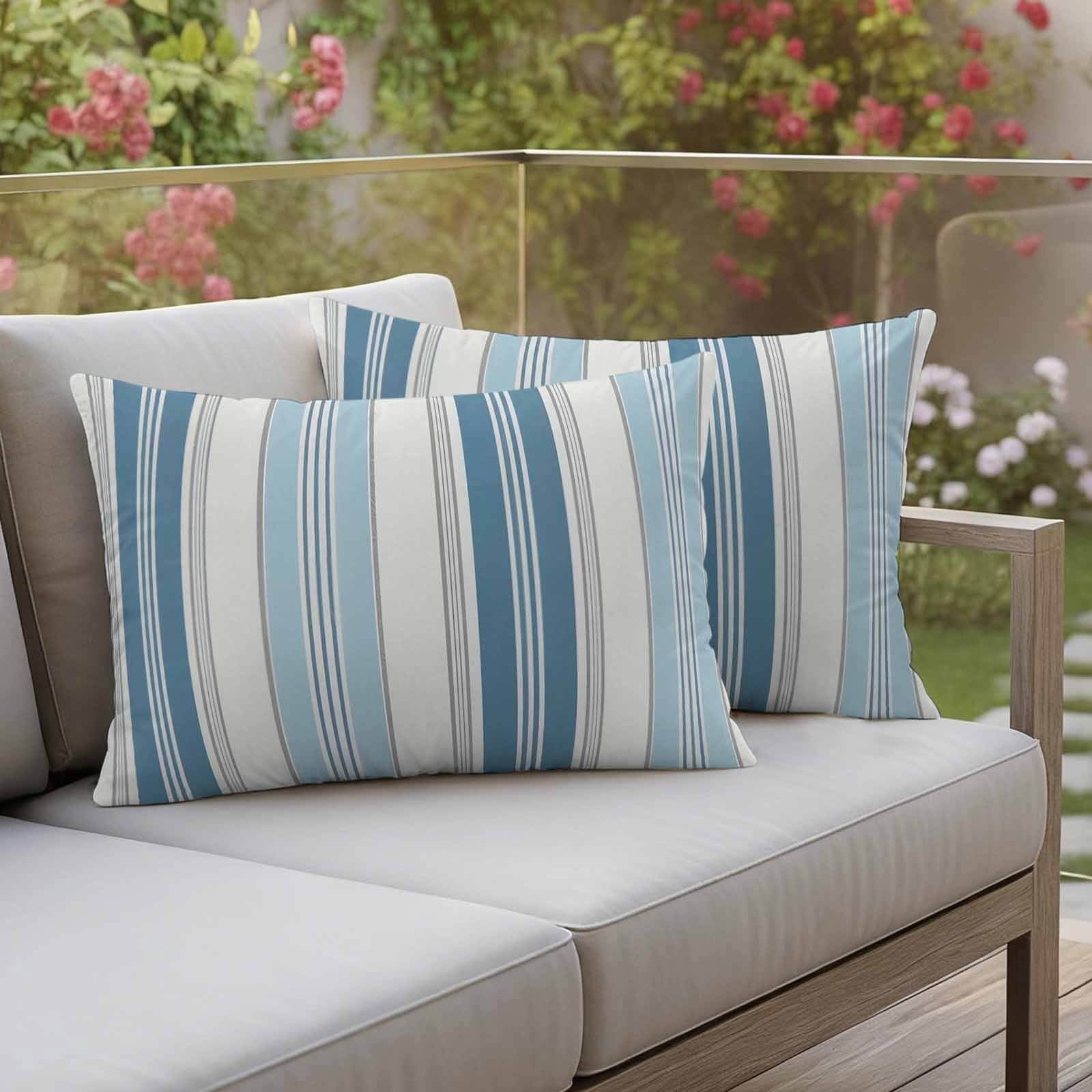Blue Striped Outdoor Waterproof Pillow Covers, Modern Farmhouse Stripes Grey Decorative Rectangle Throw Pillowcase Sofa Cushion Sham for Patio/Couch/Chair, 20"x12" 2 Pack