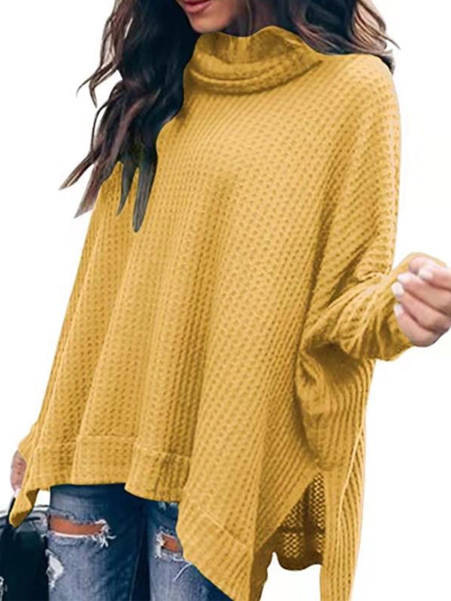 Romanstii Batwing Sweaters for Women Waffle Knit High Low Tops Sweatshirts Side Split Pullover Sweater Turtleneck Jumper 