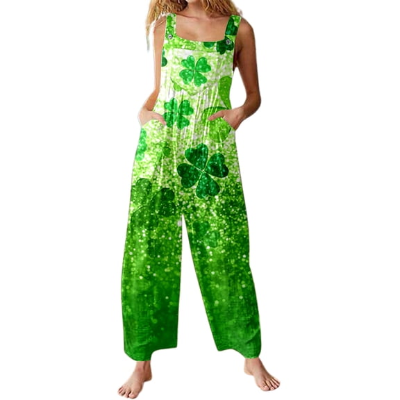 Gyujnb Women's St. Patrick's Day Overalls - Gradient Green Glitter Shamrock Print Pocketed Wide Leg Jumpsuit for Irish Festival,XL