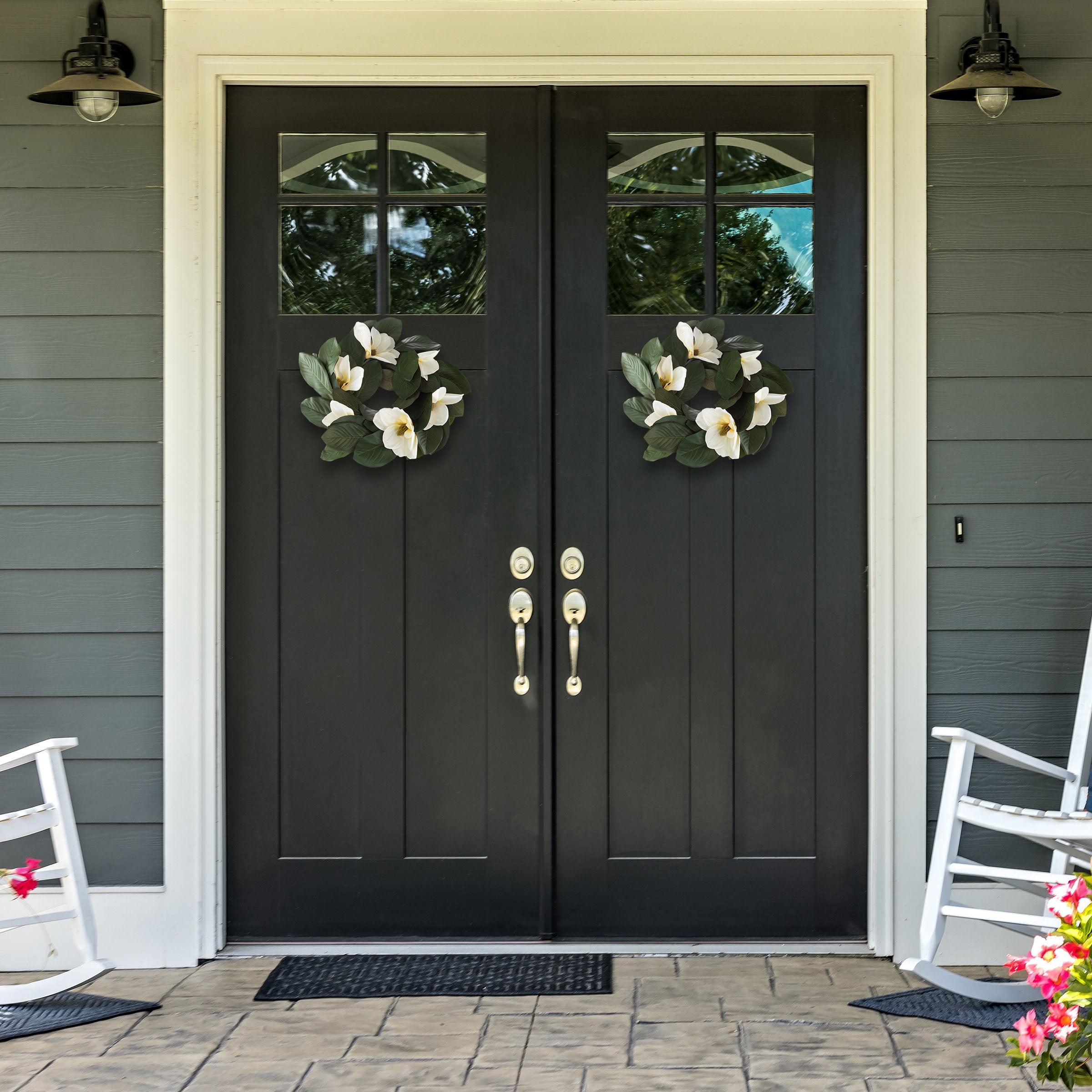 Pure Garden Set of Two 24-Inch Artificial Magnolia Wreaths for Home Decor