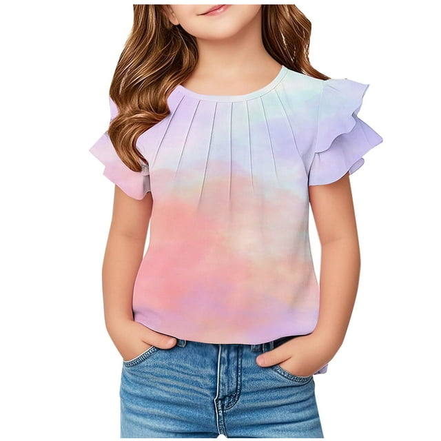 T-shirt Teinture sur Nœuds à Manches à Volants pour Filles, Hauts d'Été à Col Rond pour Enfants, T-Shirts Décontractés, Violet, 7-8 Ans