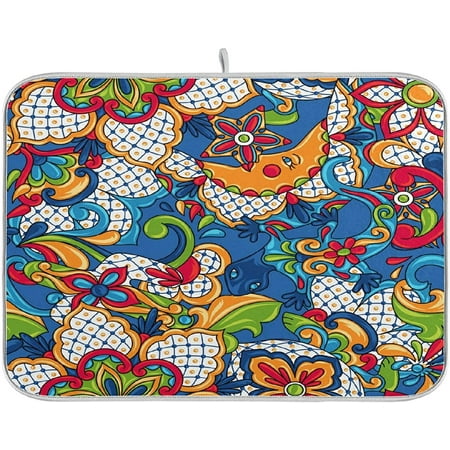 

18x24in Mexican Ethnic Folk Ornament Absorbent Dish Drying Mat Washable Deco Fast Drying Pad Microfiber Dish Drainer Mat for Kitchen Counter Countertops Protector Pad