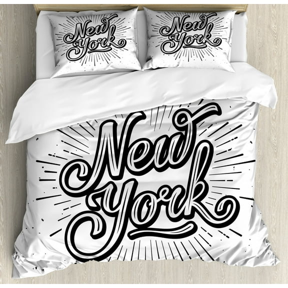 Vintage Duvet Cover Set Queen Size, New York Typography Star Burst Calligraphy Hand Written Hipster Lettering Artwork, Decorative 3 Piece Bedding Set with 2 Pillow Shams, Black White, by Ambesonne