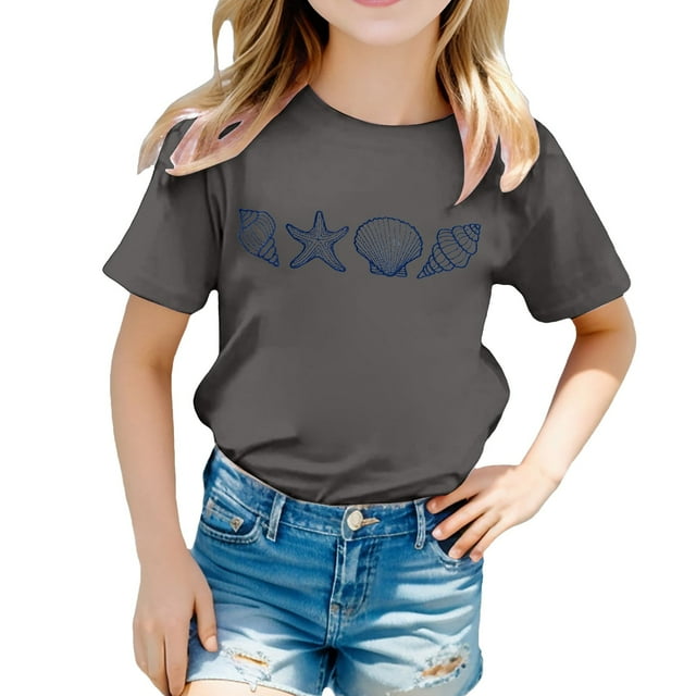 LUOGENLI T-Shirt pour Filles T-Shirt Décontracté Imprimé Col Rond Manches Courtes T-Shirt Ensemble Maxi Tops Été Gris 10-11 Ans