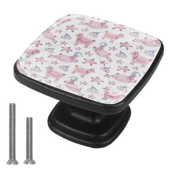 4 Pcs Cabinet Handle Drawer Pulls Pink Sheep and Stars Knobs with Screws Square Furniture Office Cabinet Knob Decoration