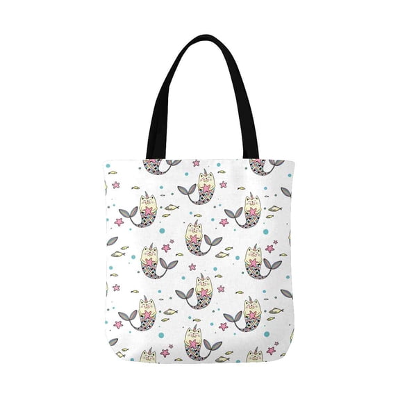ASHLEIGH Funny Mermaid Cat Kittens Starfish Unisex Canvas Tote Canvas Shoulder Bag Resuable Grocery Bags Shopping Bags for Women Men Kids