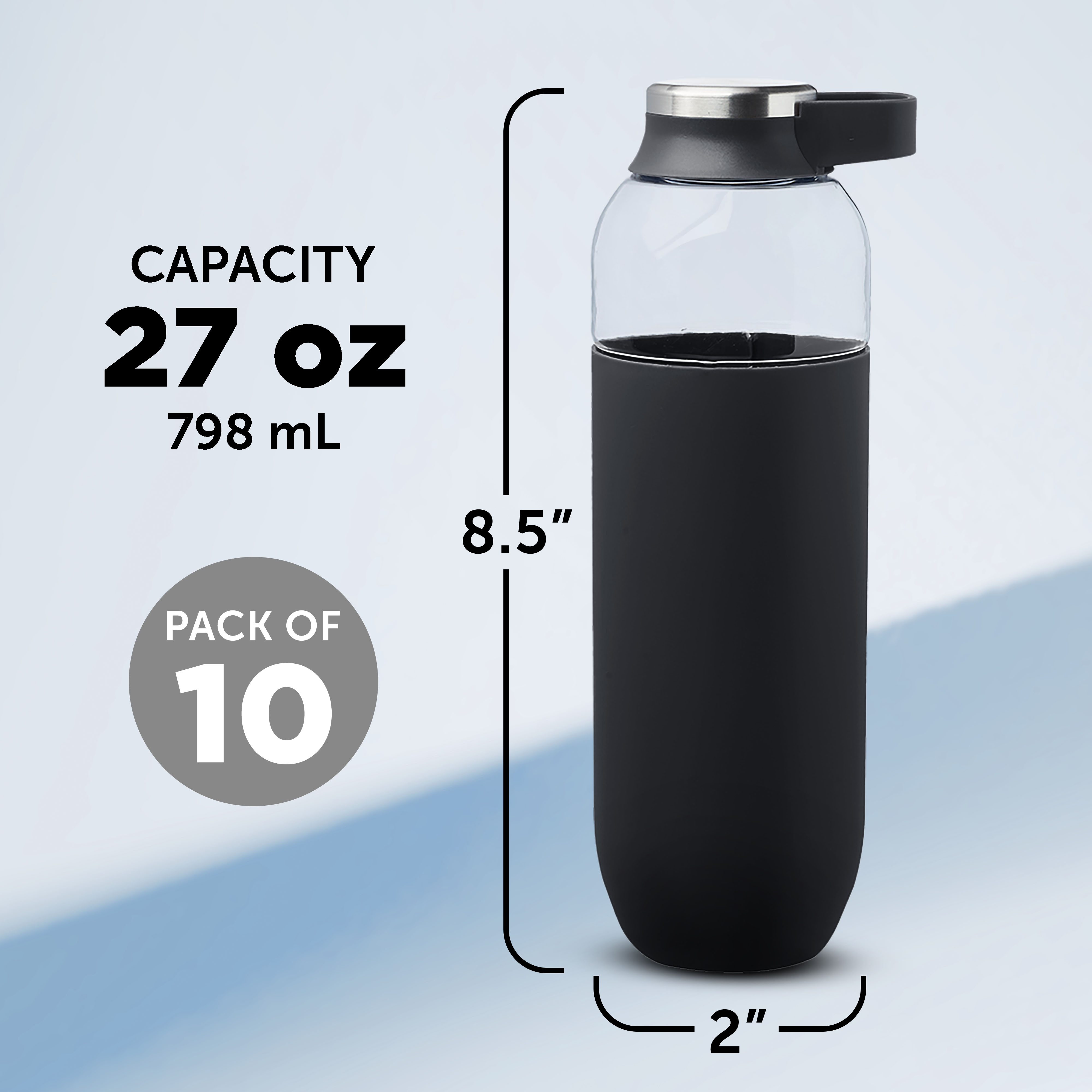 Strike Plastic Water Bottles with Carrier Handle 27 oz. Set of 10, Bulk Pack - Reusable, Great for Gym, Hiking, Cycling, and For School - Black