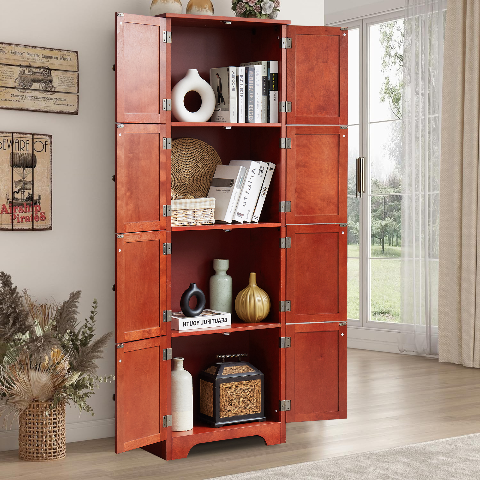 MDQMD Farmhouse Storage Cabinet with Doors and Shelves,72.4'' Tall Kitchen Pantry Cabinet,Wooden Bathroom Cabinet for Hallway,Cherry