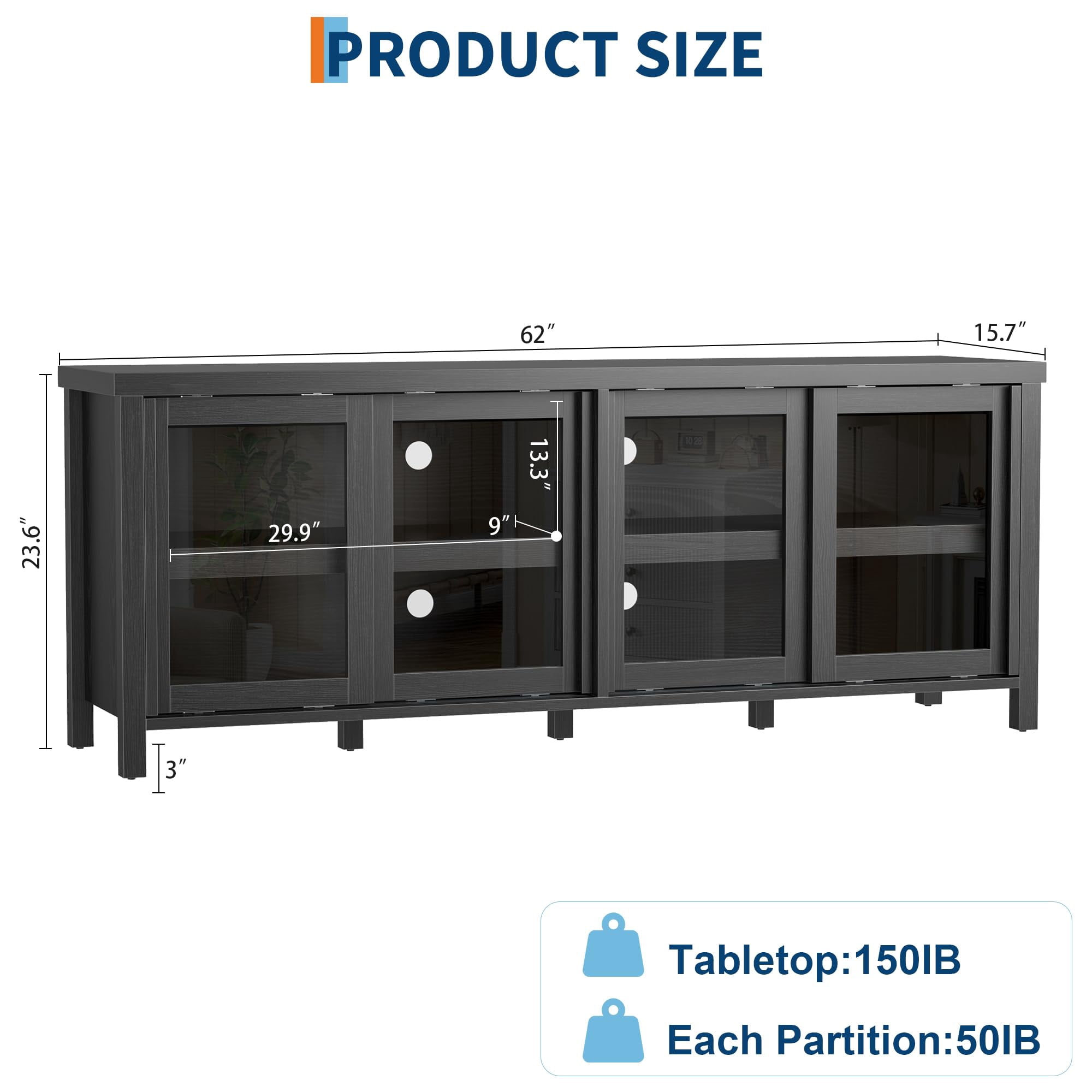 62" Farmhouse TV Stand for TVs up to 75 Inch - Entertainment Center with Glass Sliding Doors & Adjustable Shelves - Large Storage Media Console for Living Room & Bedroom - Black / Gray / Retro