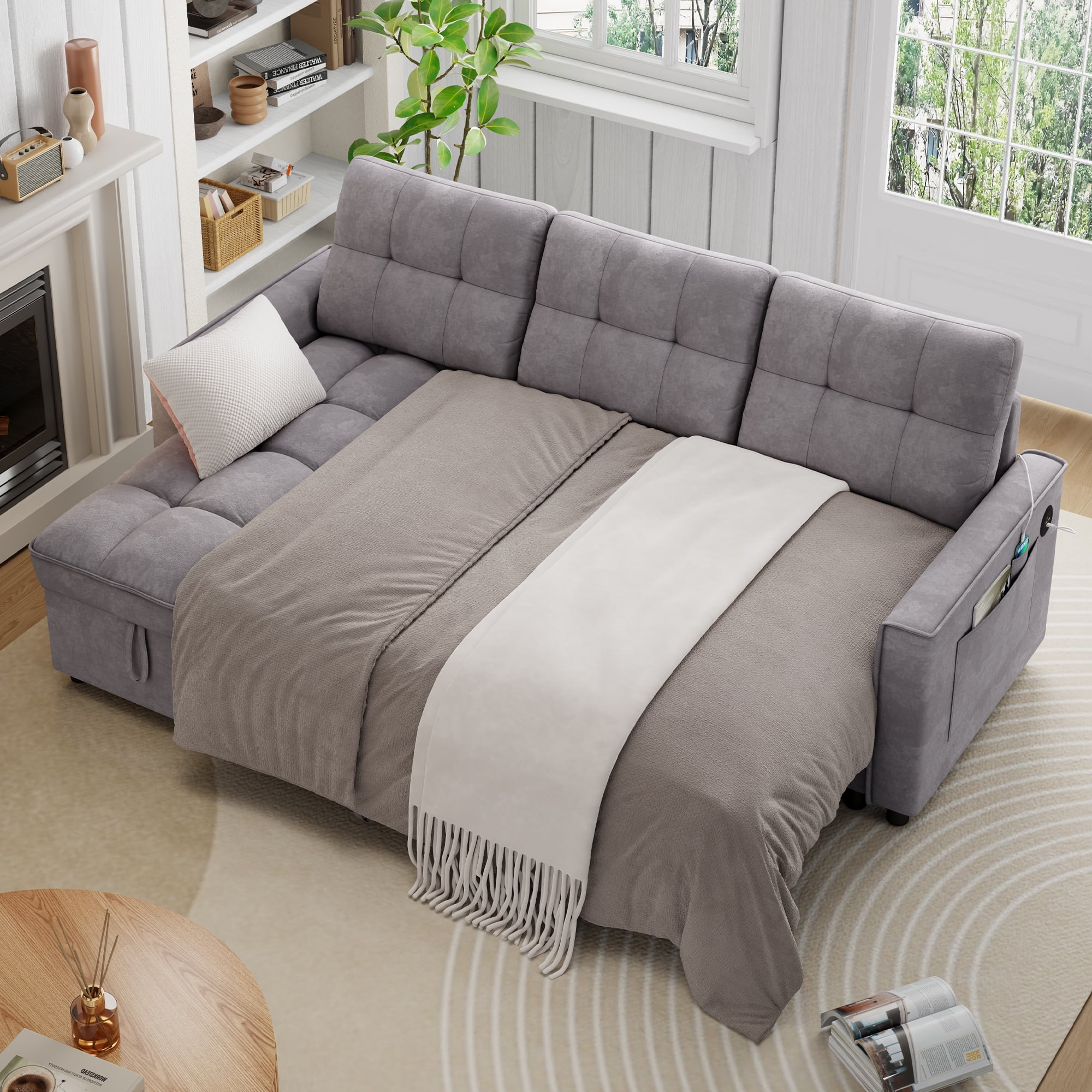 Muumblus Convertible Sofa Bed, Sectional Sleeper Sofa with Storage Chaise, L-Shaped Couch for Living Room, Dark Gray Chenille