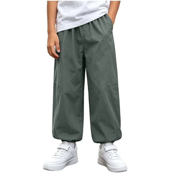 Qingpeng Boys Girls Solid Color Outdoor Sports Elastic Waist Cuffed Pockets Pants Size 3-15T