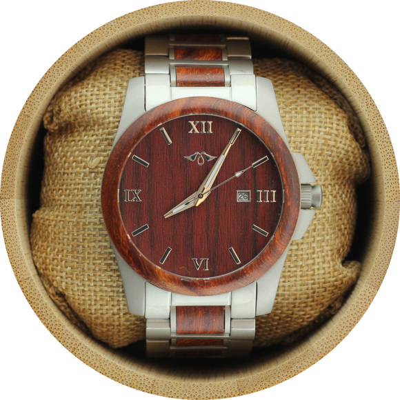 Angie Wood Creations Montre pour Homme en Bois de Santal Rouge et Acier Inoxydable avec Bracelet Assorti
