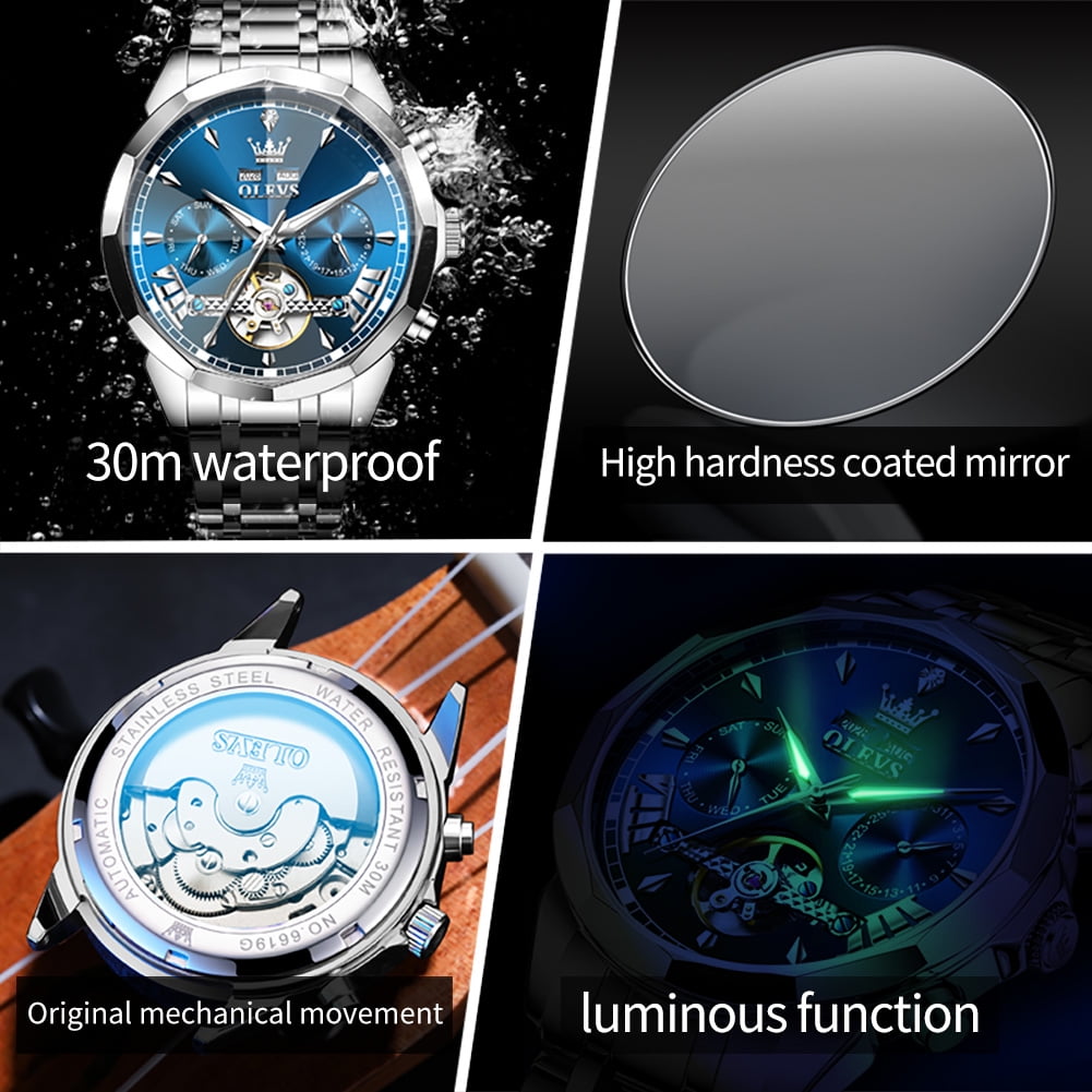OLEVS Automatic Watches for Men Luxury Dress Waterproof Self Winding Mechanical Chronograph Diamond Stainless Steel Luminous Date Skeleton Tourbillon Mens Watches Gift Reloj Para Hombre Blue Dial