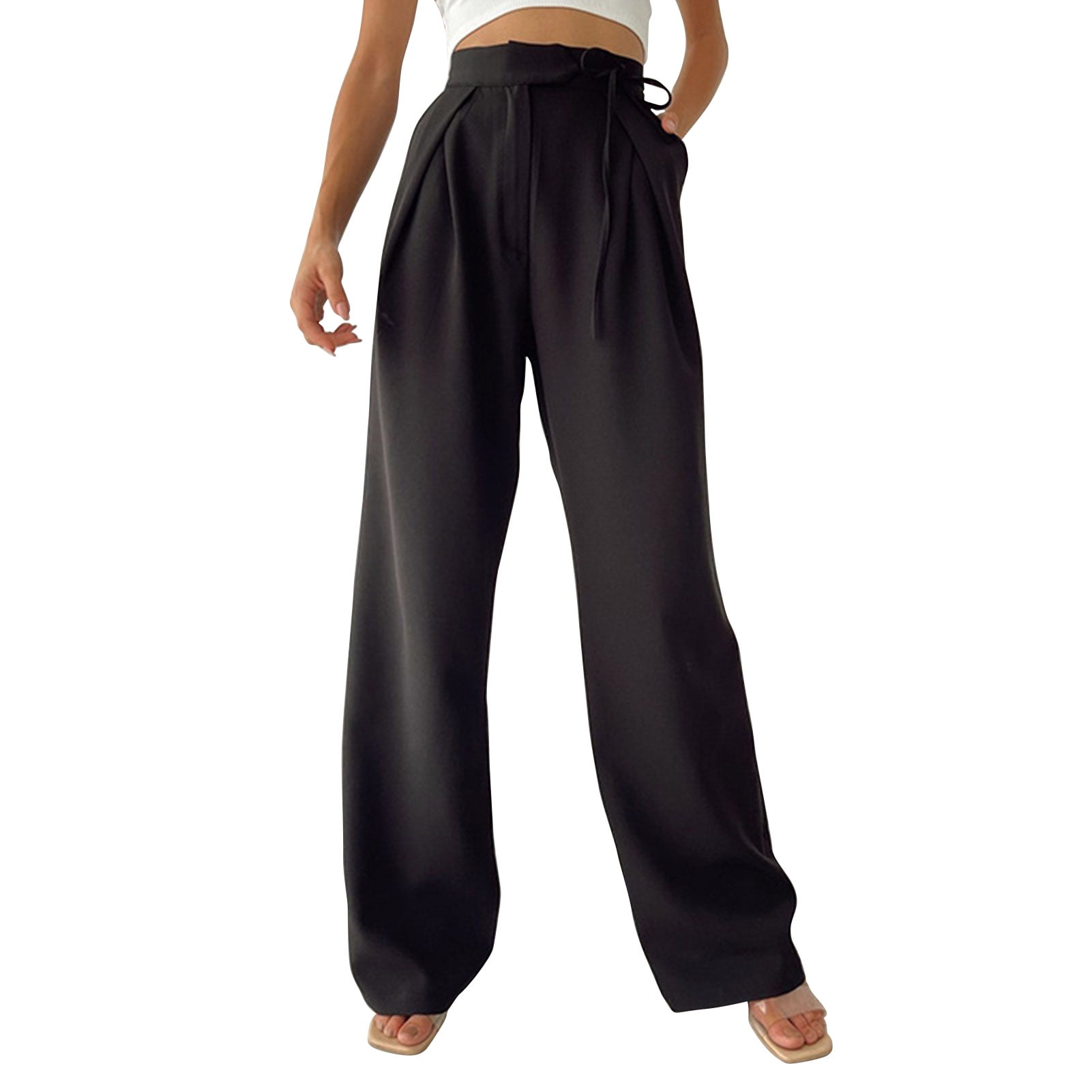 Black wide leg casual trousers best sale