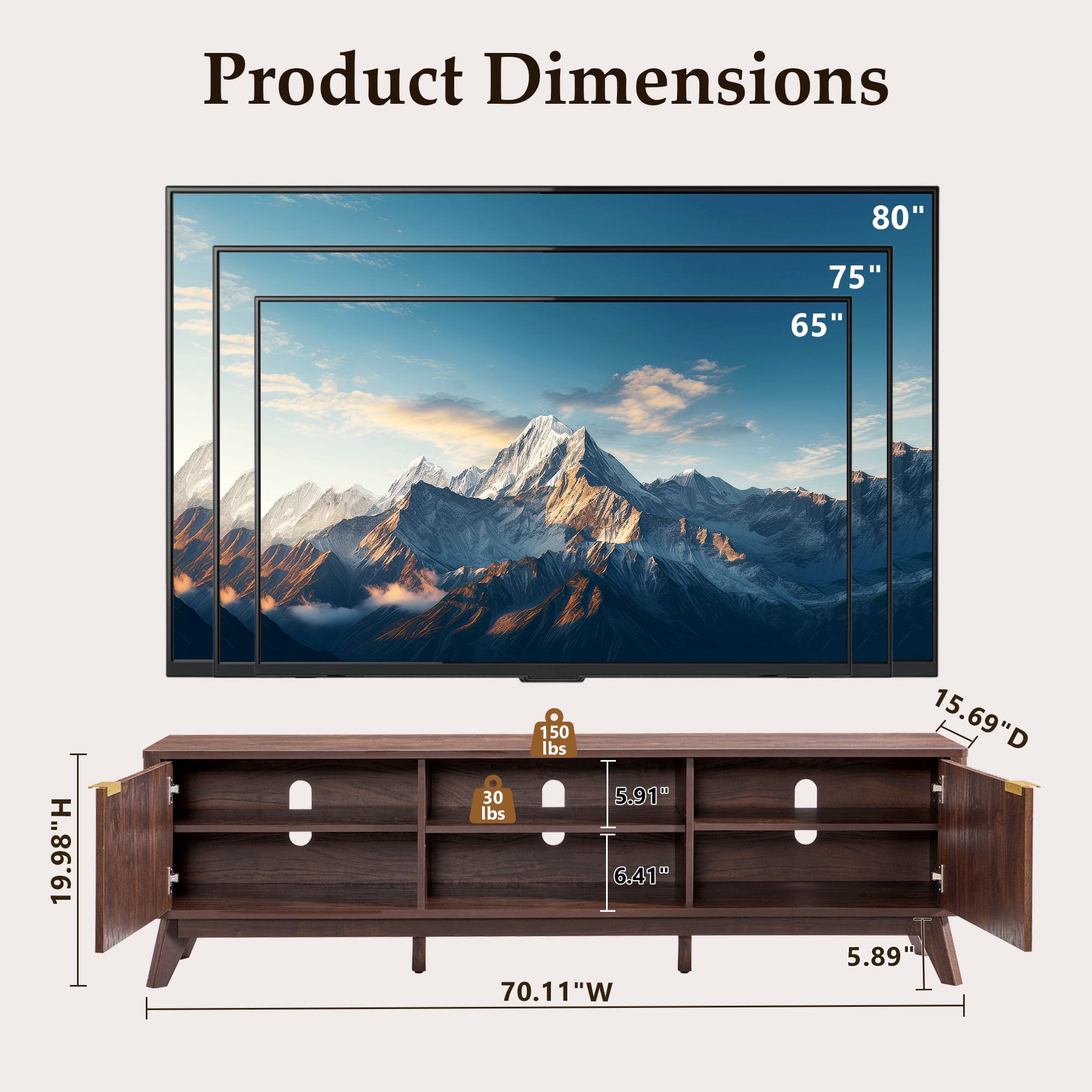 KeyWhat 70" TV Stand with 2 Soft Close Door, Modern Entertainment Center Console Table, Media Furniture for Living Room, Dark Walnut