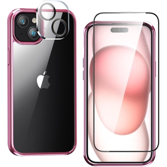 Ultra-Thin Case for iPhone 15 Plus 6.7 inch with Tempered Glass Screen Protector & Camera Lens Protector, Plating Hard Clear PC Shockproof Protection Cover for iPhone 15 Plus 2023 (Rosegold)