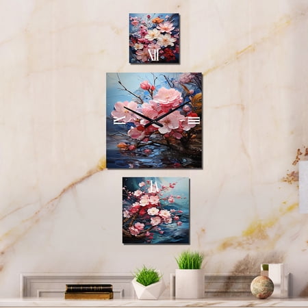 Designart "Waterside Blossom Mosaic in Japan" Japan Art Oversized Global Clock - Set Of 3 - Extra large Clock For Office Décor - Large Vertical Clock