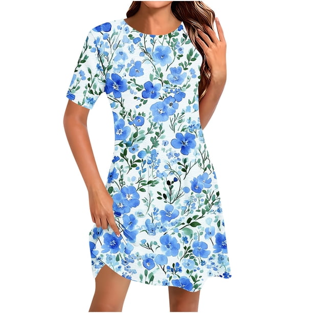 Vestido Corto para las Mujeres Cuello Redondo Manga Corta Impresa Suéter, Moda Casual Estilo Línea