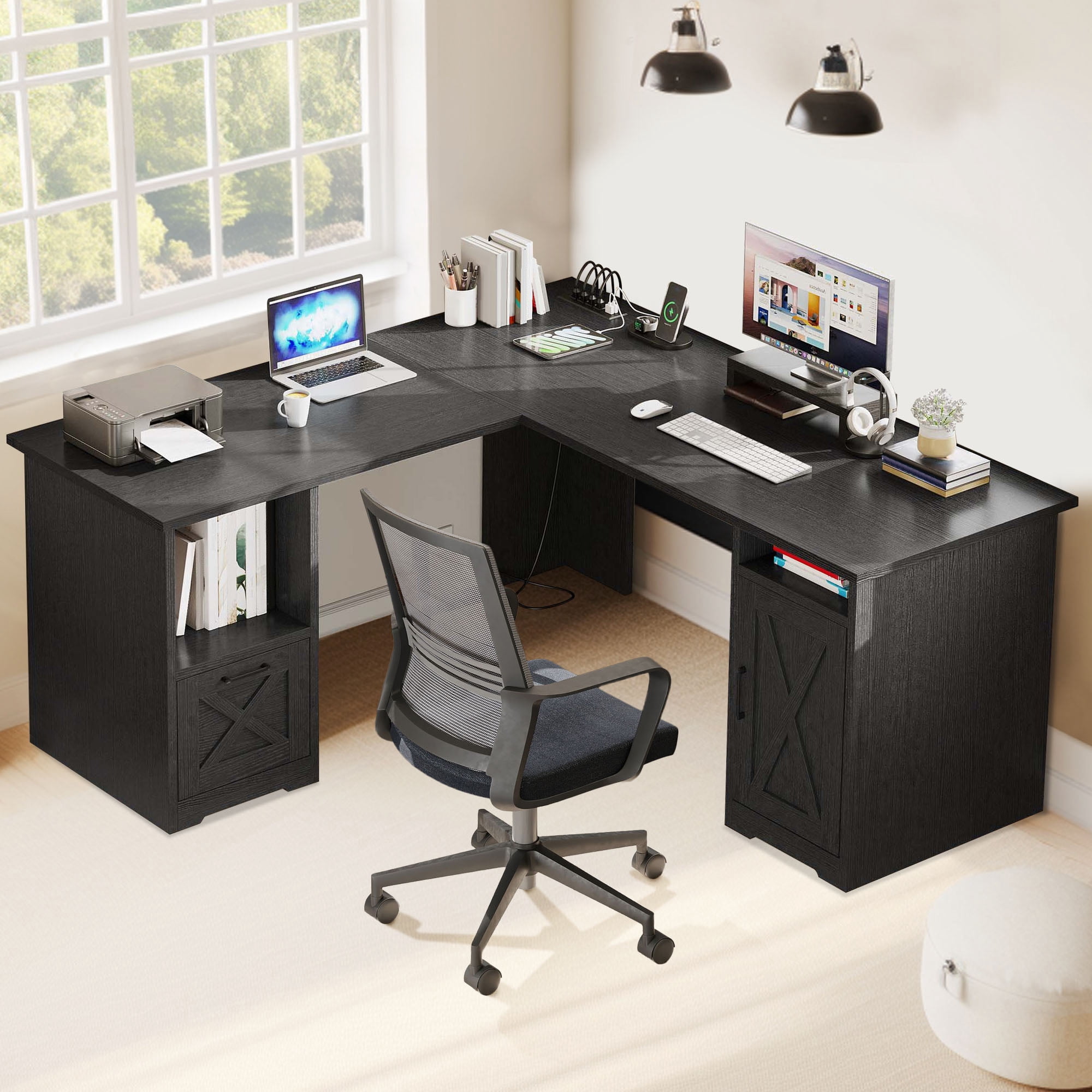 Uforic 59" L Shaped Desk with Power Outlets,Large Computer Desk with Drawers, Home Office Desk,Black