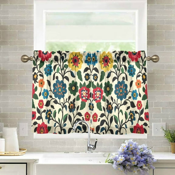 Yayeee Kitchen Curtains Light Filtering 27"x24" Rod Pocket Short Cafe Window Panel, Vibrant Floral