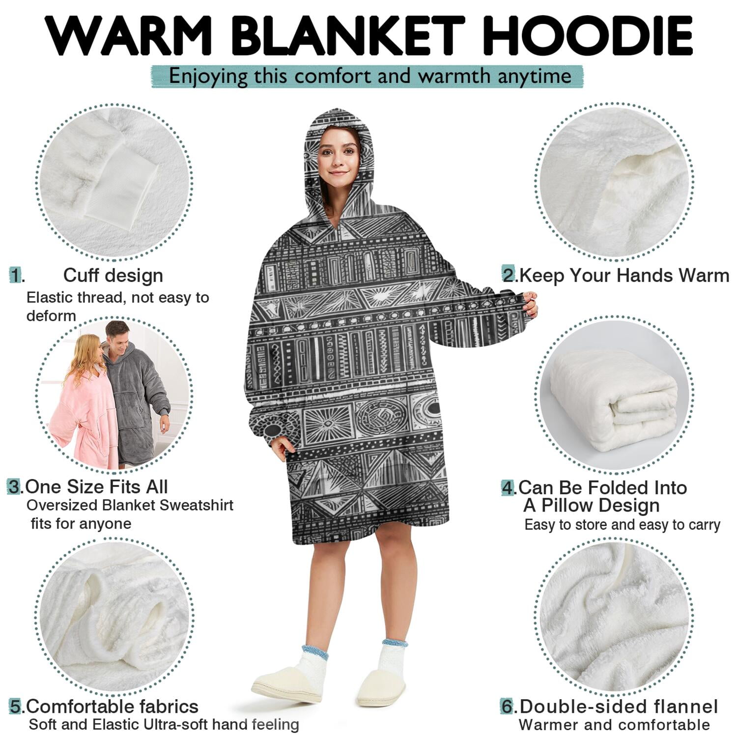 Wearable Oversized Blanket,Black Geometric Striped Pattern Wearable Blanket Hoodie for Adults,Cozy Hooded Blankets with Super Pockets,Super Warm Fuzzy Pullover for Women & Men