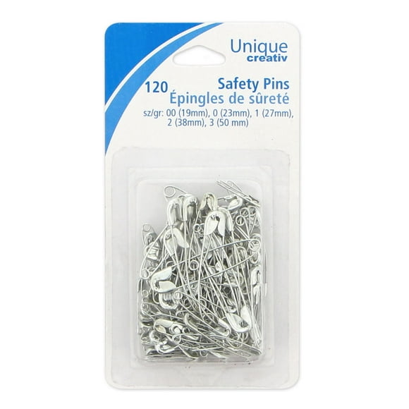 UNIQUE CREATIV Safety Pins — Nickel‑Plated Steel, Assorted Sizes 00–3, 120 pcs