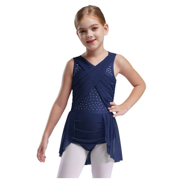 Raenseen Girls Rhinestone Skating Leotard Lyrical Ballet Dance Dress Cutout Back Dress Performance Costume Navy Blue 8