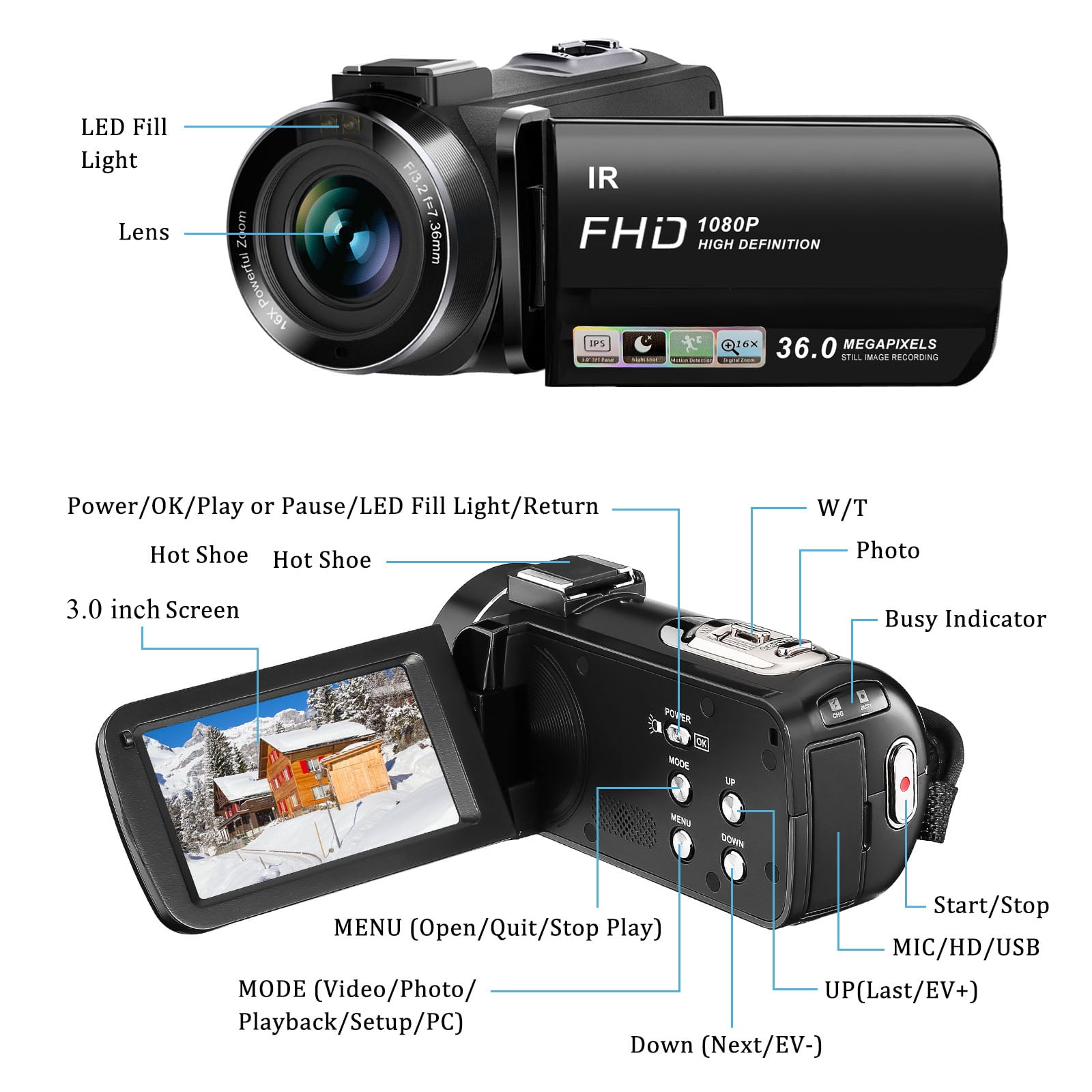 Camcorder Digital Camera 1080P 30FPS Video Camera 36MP IR Night Vision Vlogging Camera Recorder 3.0 Inch IPS Screen 270 Degree Rotation 16X Digital Zoom Camcorder with Remote Control,32GB SD Card