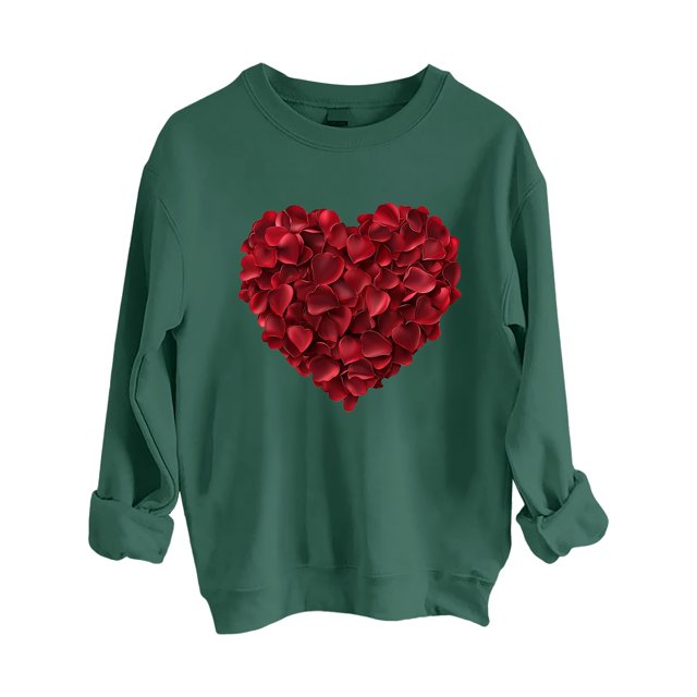 Outfmvch Chandails à Capuchon pour Femmes, Chemises à Manches Longues pour Femmes, Cœur d'Amour, Col Rond, Chandail en Molleton de Noël, Pull de la Saint-Valentin, Pull-Over, Vert m