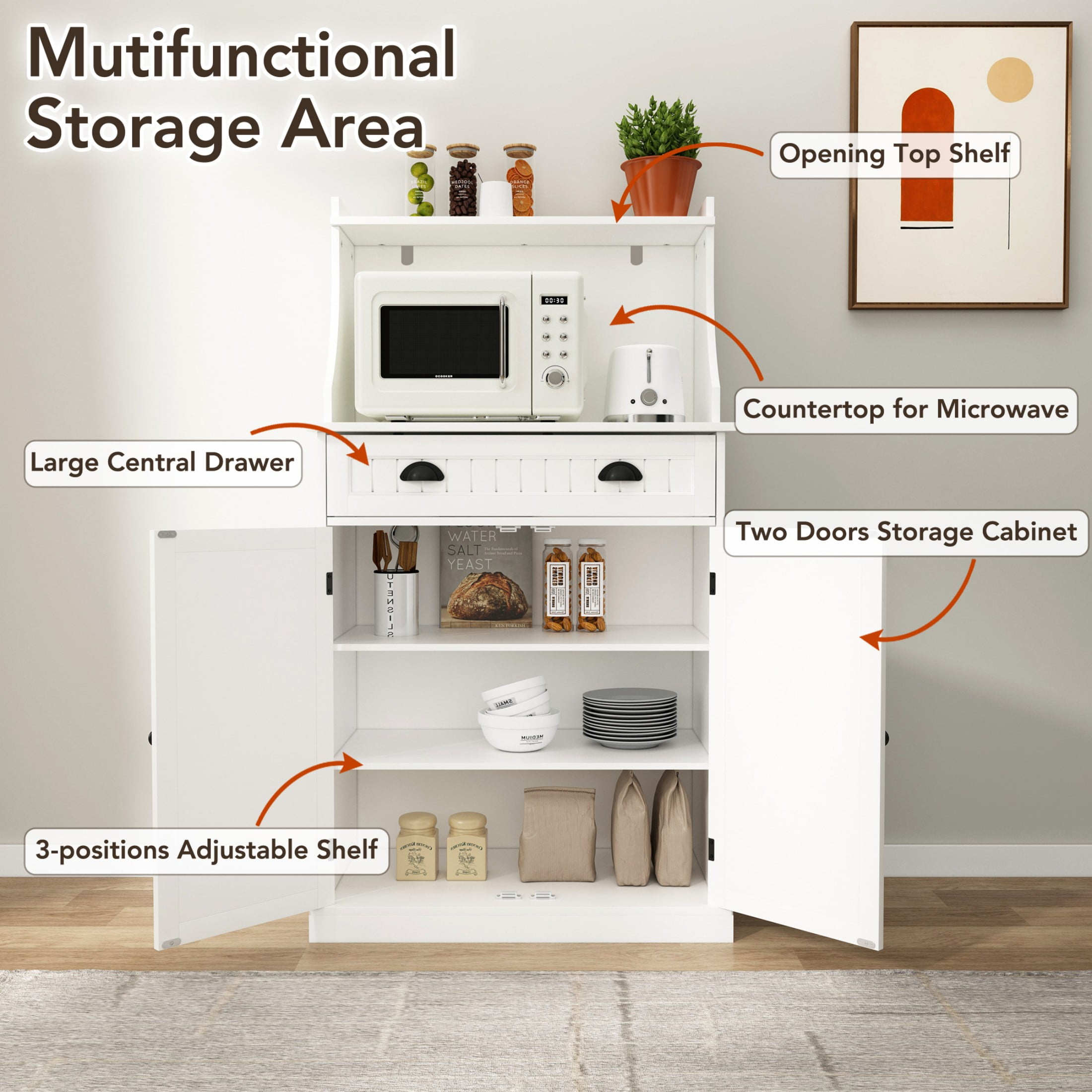 HLR Farmhouse Kitchen Pantry Cabinet with Microwave Stand, 54" Coffee Bar Storage Cabinet,  White