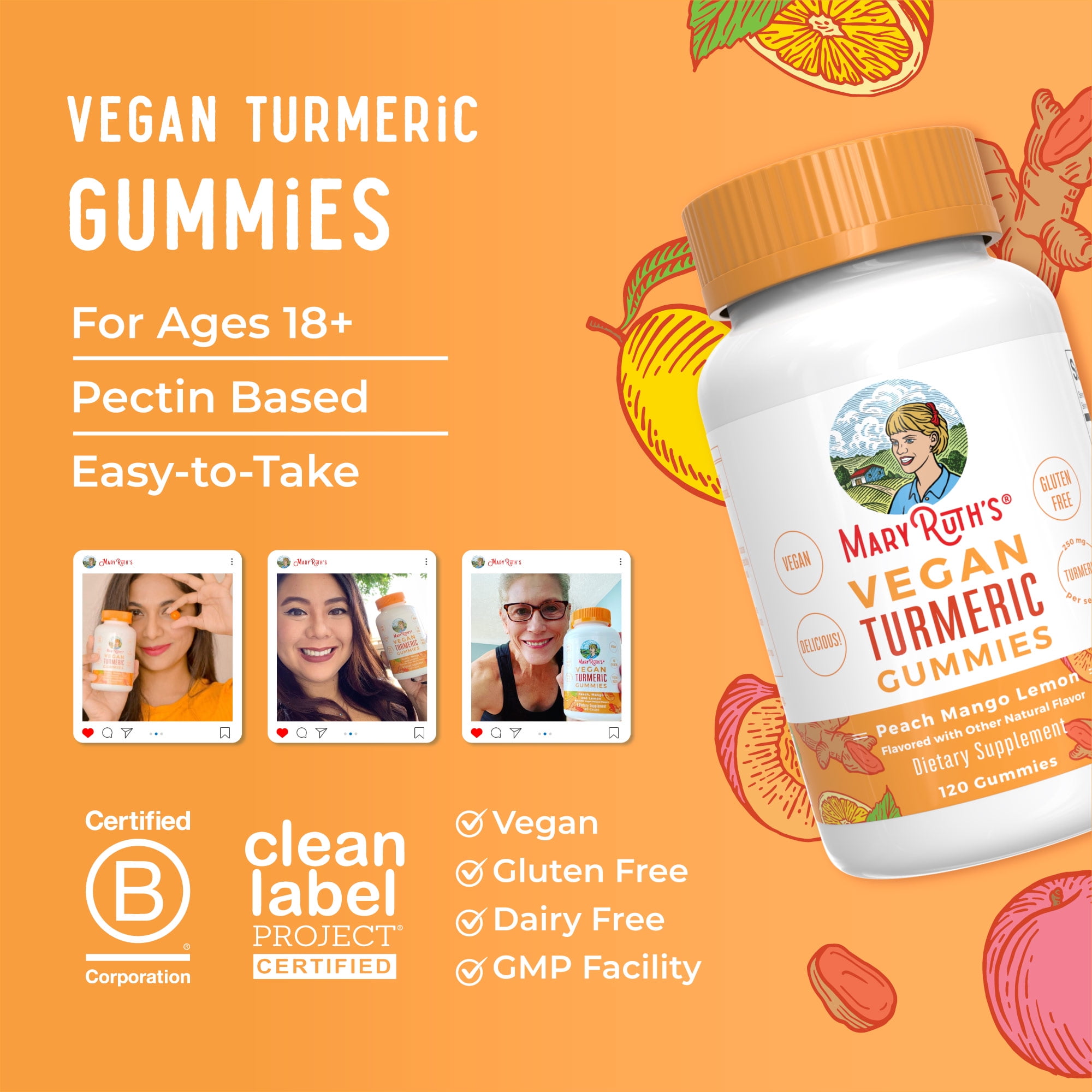 MaryRuth's Turmeric Gummies with Curcumin, Vegan, Non-GMO, Gluten Free, Peach, Mango & Lemon, Unisex, Adults 18+, 120 Count