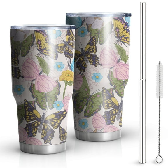 Butterfly Tumbler with Lid and Straw- Butterfly Gifts for Women - Purple Butterflies Cup, Skinny Tumbler, Water Bottle, Coffee Mug - Metal Thermal Insulated Tumblers 30 Oz - Butterfly Decor, Stuff