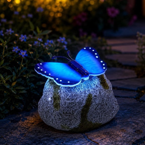 Solar Butterfly Stone Garden Light - Illuminated Garden Decor with LED Glow, Waterproof Resin Faux Stone Outdoor Figurine for Patio Yard Walkway Lawn Flower Bed Landscaping(blue)Q