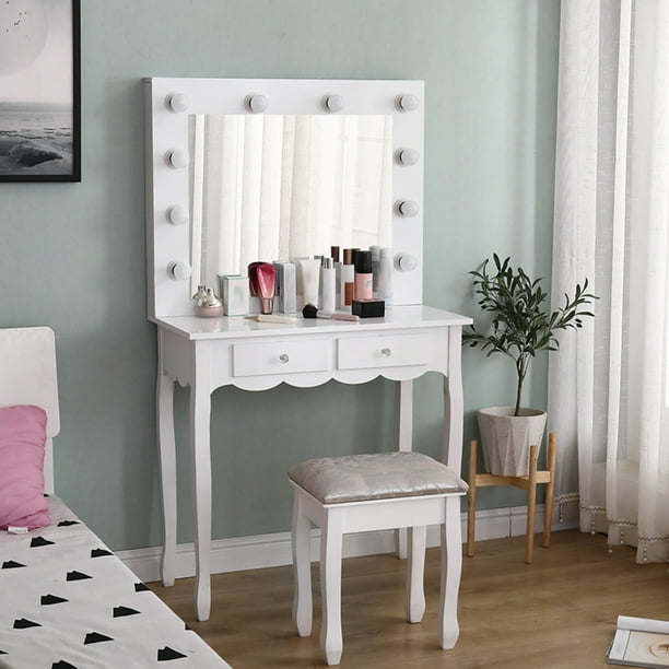 Vanity Set With Lighted Mirror Cushioned Stool Dressing Table Makeup Com Vanity Set With Lighted Mirror, Vanity Set With Lighted Mirror Cushioned Stool Dressing Table Makeup