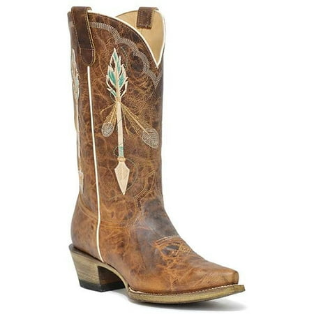

Women s Roper Arrow Feather Leather Boots Handcrafted Brown