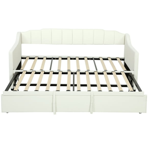 HOMCOM Upholstered Twin Daybed, Trundle Bed with Armrests, Cream White