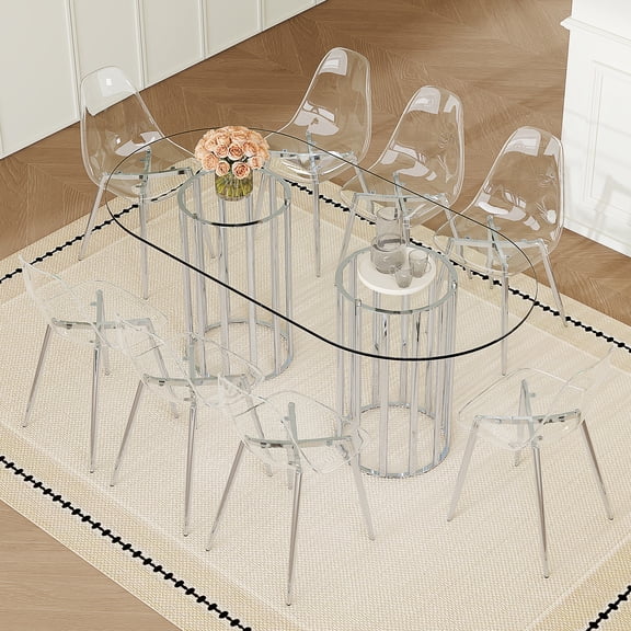 Hi loPres 71" Oval Tempered Glass Top Dining Room Table and 8 Chairs, Transparent Acrylic Silver Metal Legs Seating, Large 9-Piece Kitchen Furniture