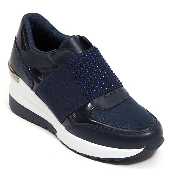 Ninety Union South Beach 2 1/2" Wedge Sneaker with Rhinestone Band Across, Navy, 10