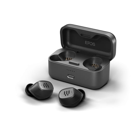 Auriculares inalámbricos para juegos EPOS GTW 270, Bluetooth, diseño cerrado con reducción de ruido, micrófonos duales, ajuste ergonómico, resistencia al agua IPX 5, estuche de carga portátil, 20 hora