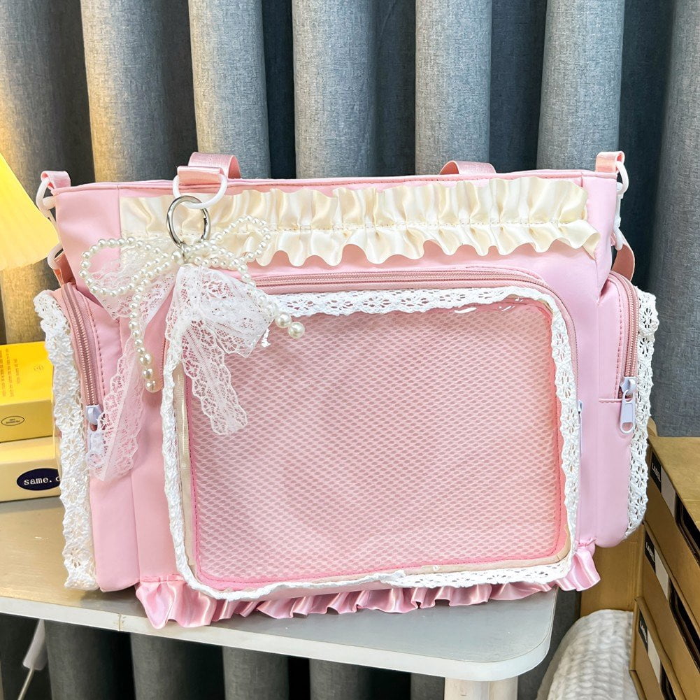 Vjnyvs Lace Decor Clear Display Crossbody Bag Nylon Tote Shoulder Bag with Bow Keychain