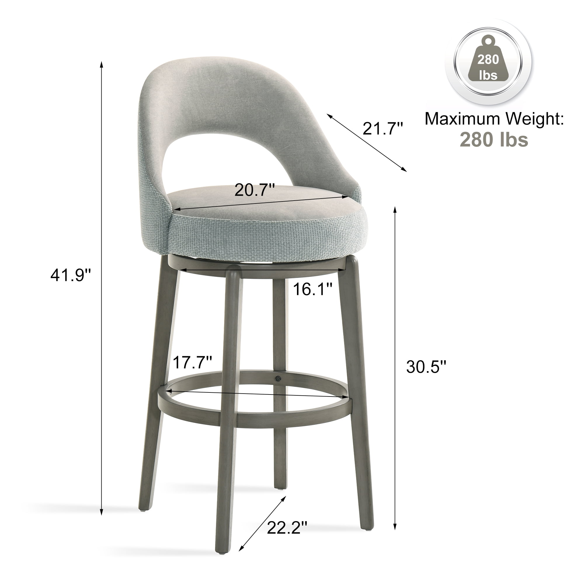 XDECO Swivel Bar Stools Set of 2, Velvet Upholstered bar Chairs, Barstools Counter Height with Back and Footrest for for Bar, Kitchen Island, Dining Room,Grey