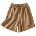 thumbnail image 3 of LINGLANG Women's Summer Linen Bohemian Shorts, High Waist Wide Leg Retro Loose Fit Shorts, Elastic Waistband Drawstring 5-Inch Inseam Shorts, 3 of 3