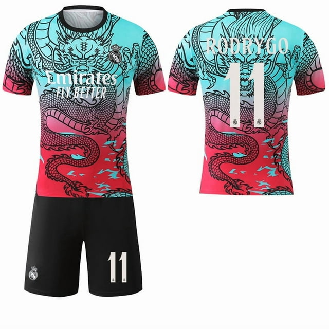 2526 Nouveau Dragon Dégradé Couleur No. 9 Mbappe 7 Vinicius Real Madrid Édition Commémorative Spéciale Maillot de Football SetXS Real Madrid Color Dragon No. 11 Sockless SetXS