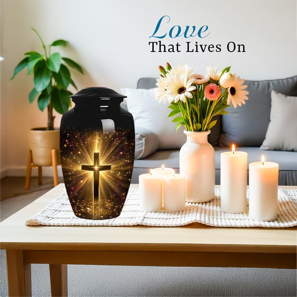 Golden Cross Cremation Urn , Large Urns For Ashes Adult Male, Decorative Memorial Urns For Ashes For Women, Funeral Urn For Adult Human Ash, Size 10 Inch 1 Pcs